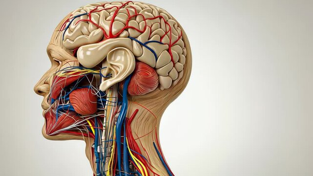 Detailed cross-section of human brain anatomy with visible cortex and vascular system, medical science animation