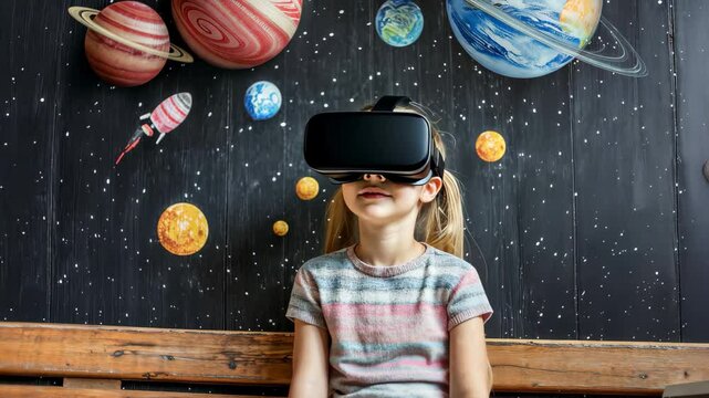 Young girl wearing immersive VR headset technology, Virtual reality child education concept, Science learning with immersion tech