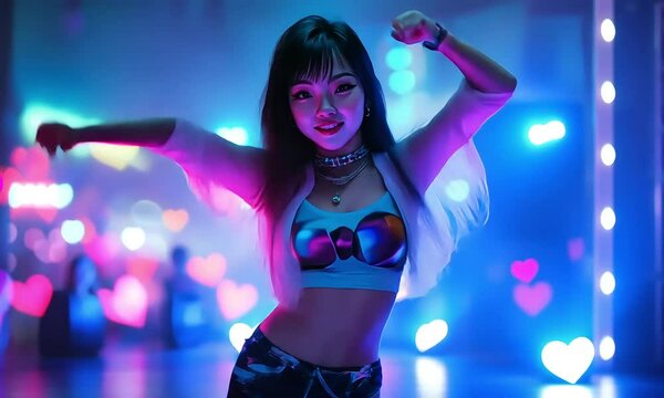 Energetic young woman dancing in neon lights with ai generated.
