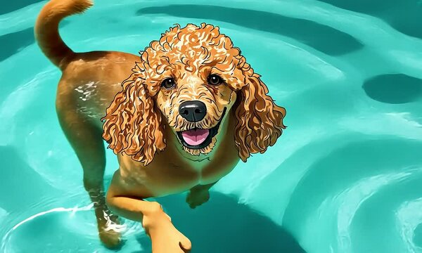 Happy poodle swimming in a clear pool illustration with ai generated.
