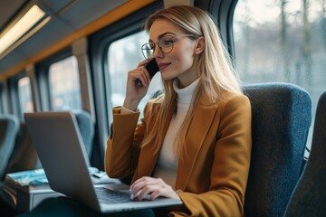 Young professional engaged in work on laptop and phone during train commute to office