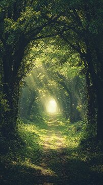 An enchanting woodland scene featuring a pathway covered in lush green foliage, leading through a tunnel formed by dense trees arching overhead. Sunlight filters through the tree canopy, creating dapp