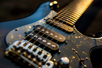 Close-Up of Electric Guitar Neck – Smooth Side Lighting Highlights Strings, Capturing the Passion and Energy of Music for Musicians and Sound Enthusiasts