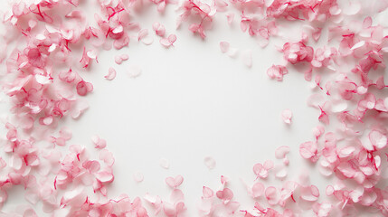 Fototapeta premium frosted pink and white confetti: a soft frame made from frosted pink and white confetti, scattered around the edges of a pale white background, the gentle colors create a delicate and dreamy border