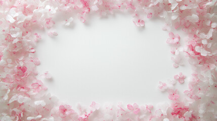 Fototapeta premium frosted pink and white confetti: a soft frame made from frosted pink and white confetti, scattered around the edges of a pale white background, the gentle colors create a delicate and dreamy border