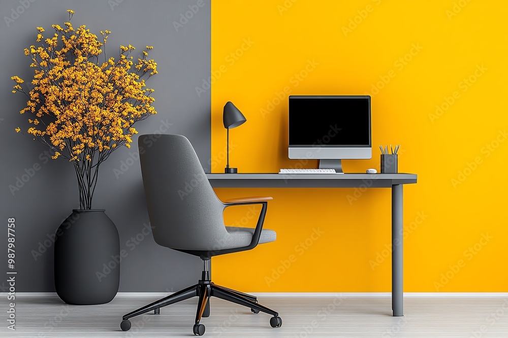 Aufkleber mustard yellow and grey color palette, used in a minimalist home office setup with clean lines and m