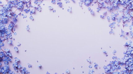 lavender and blue confetti: a dreamy frame made from lavender and blue confetti, scattered around the edges of a soft lilac background, the harmonious colors create a whimsical and enchanting border