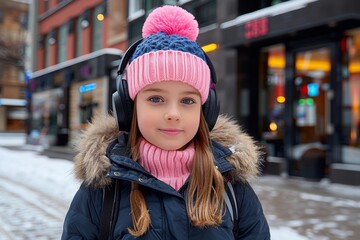 A girl in a blue and pink hat and pink turtleneck, wearing a black jacket, with hair in a ponytail, looking at the camera against a building with windows and a door.