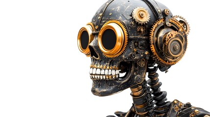 A steampunk skeleton adorned with gears and cogs, wearing Halloween party masks, intricate details, metallic textures, isolated on white background