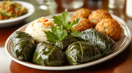Elegant Platter of Stuffed Grape Leaves and Sides