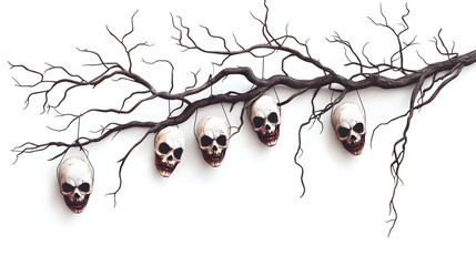 Branches with twisted forms and hanging Halloween masks, hyper-realistic rendering, ominous vibe, isolated on white background