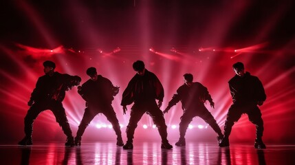 Silhouette of five dancers performing on a stage with red lights.