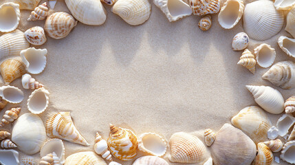 Obraz premium seashells: a natural frame made from small seashells, arranged symmetrically around the edges of a soft sandy background, each shell has a distinct shape and texture