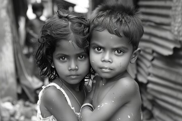 A young girl and boy from the slums of Dhaka, Bangladesh. The girl is looking at the camera with a serious expression, while the boy is looking away with a sad expression.
