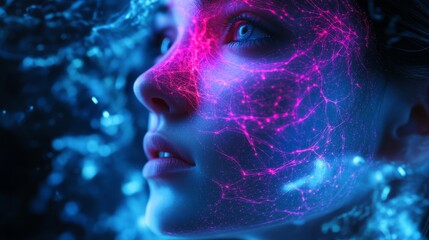 Obraz premium A glowing digital brain pattern overlay on a human face, neural circuits intertwining with futuristic holographic elements, cyberpunk, high-tech, neon blue and pink