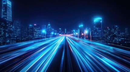 A vibrant cityscape at night with dynamic light trails showcasing urban life.