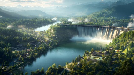 Fototapeta premium Aerial shot of a colossal dam, serene river flowing behind it, a quiet town at its base, surrounded by lush greenery, watercolor, soft lighting, calm atmosphere