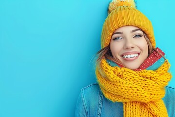 A young woman in a yellow hat and scarf, smiling happily against a blue background. Well-lit image with a genuine and engaging expression, suitable for stock photography. Copy space.