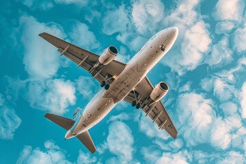 Obraz premium A commercial airplane with a wide-body design flying at high altitude. The plane is white with two engines under the wings, against a deep blue sky and bright white clouds below.