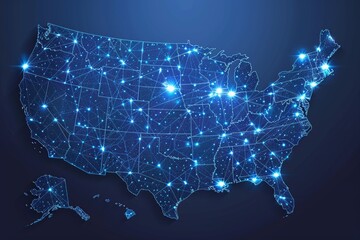 Obraz premium Abstract plexus United States of America map with glowing dots and lines on dark blue background. Concept of global internet connection and communication technology.