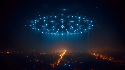 Drones flying in a coordinated circular formation, forming complex geometric patterns, illuminating the night sky in a mesmerizing tech display