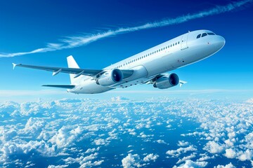 Fototapeta premium A pristine white airplane with blue-tinted windows glides peacefully through the sky above a sea of fluffy clouds on a beautiful sunny day, showcasing the marvels of modern aviation.