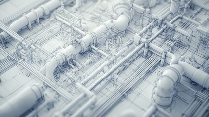 A detailed blueprint of industrial piping systems and structures.