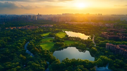 Aerial shot of an eco-friendly cityscape with a giant park in the center, merging modern architecture with vast green spaces, promoting sustainability