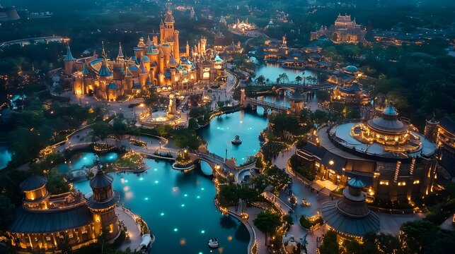 A nighttime aerial shot of a fantasy-themed amusement park, with glowing fairy lights, fantasy castles, and towering roller coasters. Watercolor effect, soft warm tones