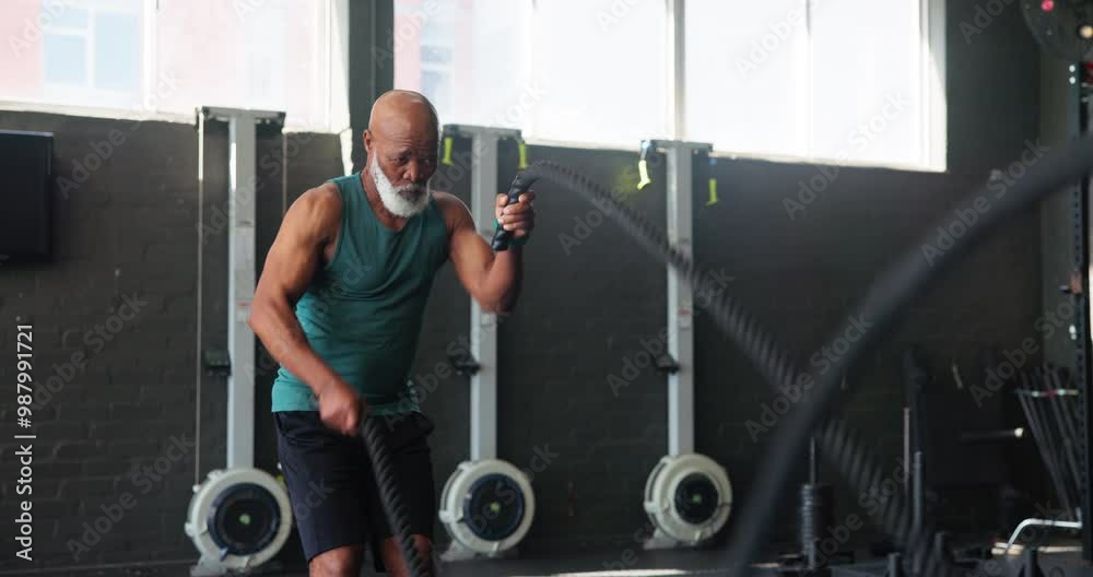 Wall mural Fitness, rope and strength with mature black man in gym for physical workout or muscle training. Exercise, energy and performance with athlete person in health club for challenge or improvement