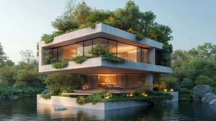 Fototapeta premium Modern architecture of a cube home with floating terraces, greenery cascading from each level, sunlight, ultra-realistic, pastel hues, minimalistic style