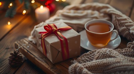 A beautifully wrapped gift beside an elegant teacup and saucer creates a cozy atmosphere perfect for a serene tea time experience in a delightful home setting