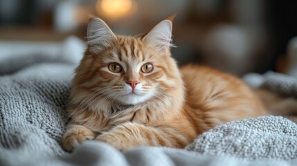 A fluffy orange cat lounging on a textured blanket indoors.