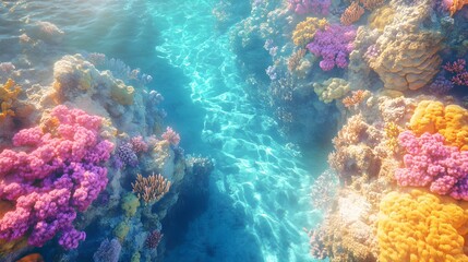 Fototapeta premium Aerial view of vibrant coral reefs, teeming with marine life, in crystal-clear waters, illuminated by golden sunlight, Photorealism, 3D Render, Bright colors, Highly detailed