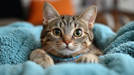 A close-up of a tabby cat resting on a soft blanket.