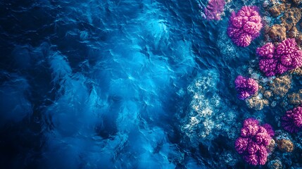 Aerial shot of a coral reef in shallow water, showcasing vibrant marine life, glowing bioluminescent corals at night, Holographic style, Soft blues and purples, Hyper-detailed