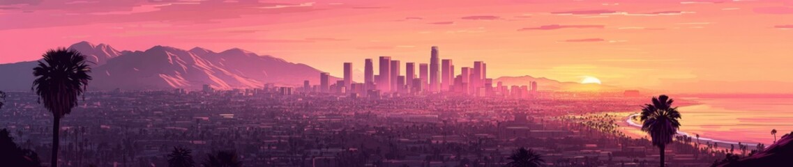 Obraz premium A vibrant sunset skyline over a city, framed by palm trees and mountains.