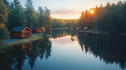 Fototapeta premium Overhead view of a mirror-like lake reflecting the surrounding forest, with small wooden cabins spread across the shoreline. Soft sunlight illuminates the landscape