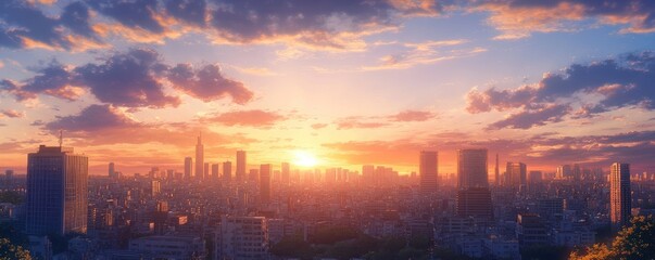 Fototapeta premium A vibrant sunset over a city skyline, showcasing tall buildings and a colorful sky.