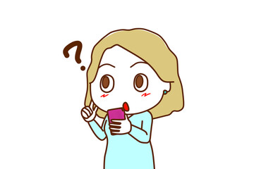 （上半身斜め）スマホを持ってキョトンと分からなくなり思い出そうとする白人女性