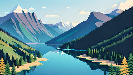 Stunning Vector Illustration: Mountain Landscape with Lake and Trees in Pastel Colors &ndash; Perfect for Desktop Backgrounds
