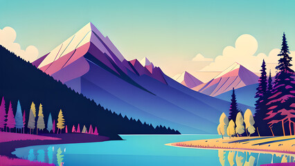 Stunning Vector Illustration: Mountain Landscape with Lake and Trees in Pastel Colors &ndash; Perfect for Desktop Backgrounds