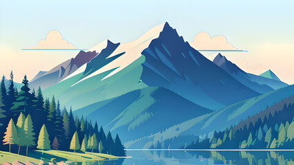 Stunning Vector Illustration: Mountain Landscape with Lake and Trees in Pastel Colors &ndash; Perfect for Desktop Backgrounds