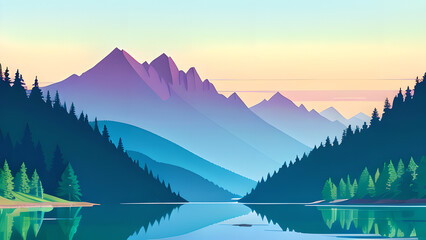 Stunning Vector Illustration: Mountain Landscape with Lake and Trees in Pastel Colors &ndash; Perfect for Desktop Backgrounds