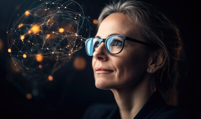 Corporate Executive with Holographic Global Data Flow Networks on a Sleek Black Background