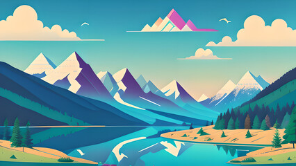 Stunning Vector Illustration: Mountain Landscape with Lake and Trees in Pastel Colors &ndash; Perfect for Desktop Backgrounds