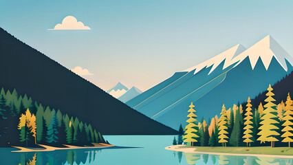 Stunning Vector Illustration: Mountain Landscape with Lake and Trees in Pastel Colors &ndash; Perfect for Desktop Backgrounds