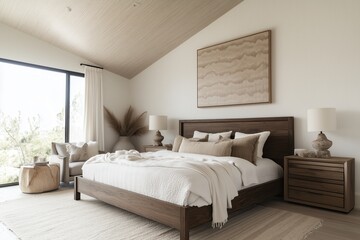 Modern and minimalist bedroom with neutral tones, featuring contemporary furniture and large windows.