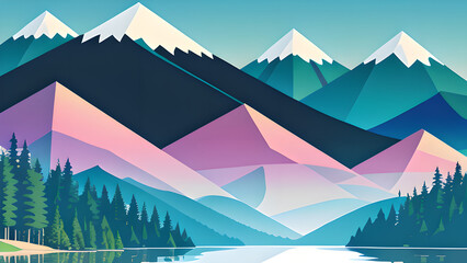 Stunning Vector Illustration: Mountain Landscape with Lake and Trees in Pastel Colors &ndash; Perfect for Desktop Backgrounds