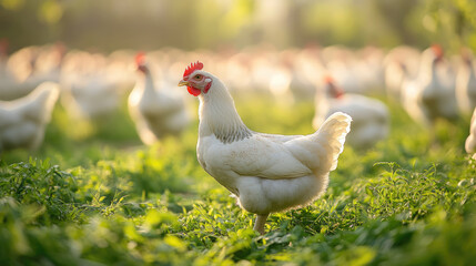 Fototapeta premium A white chicken with a red beak stands in a field of grass. The sun is setting in the background, casting a warm glow over the scene